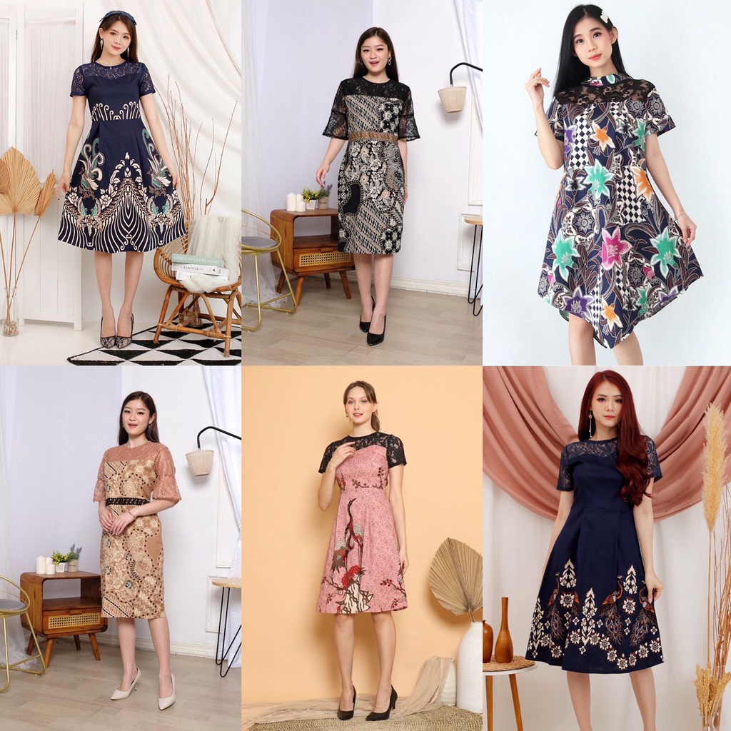 Evercloth Yuni / GWEN Dress Batik Wanita Dress Wanita Jumbo Brukat Batik Couple Dress Pita A-Line Seragam Family Set Gaun Batik Kerja Sarimbit MIX