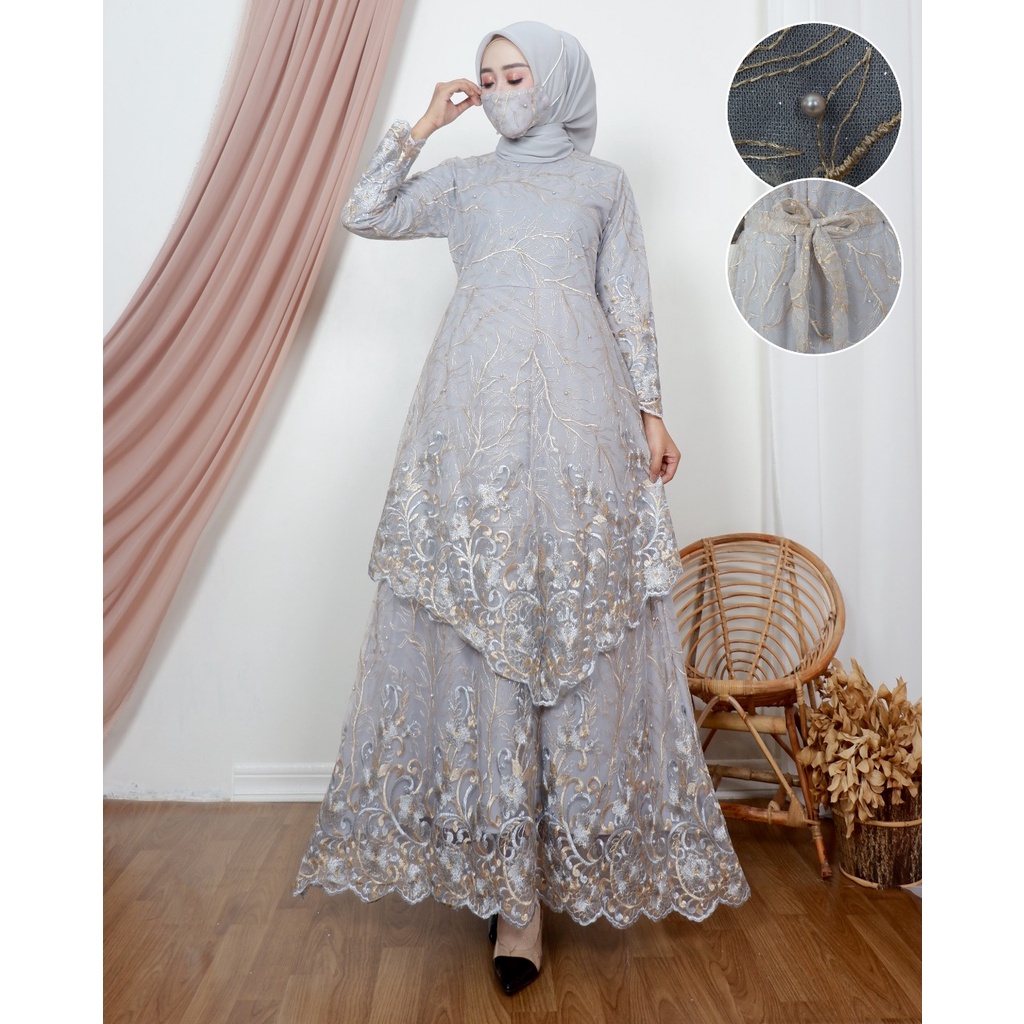 Permata Olshop / Kebaya Gamis Tingkat Runcing DJ / Gamis Pesta Mewah / Baju Gamis Pesta Wanita