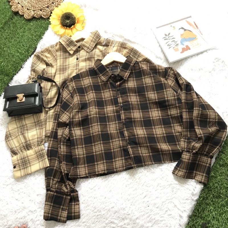 KEMEJA CROP WANITA / KEMEJA OVERSIZE FLANELY / KEMEJA KOTAK CROPTY / CROP TARTAN SHIRT