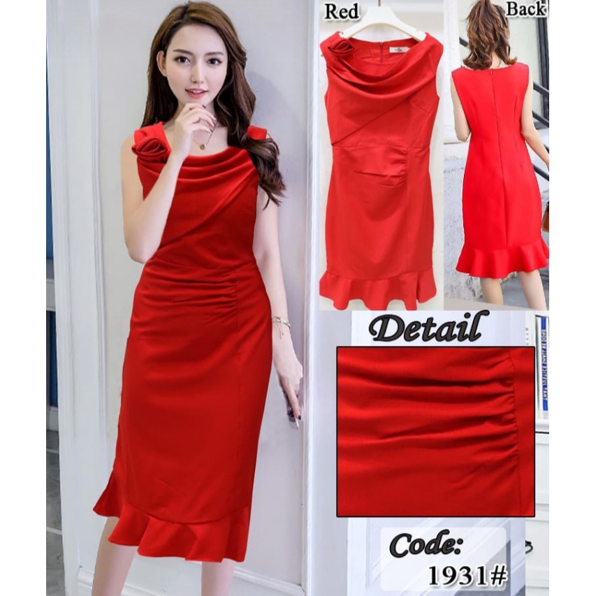Dress party wanita import warna merah nyala cabe cantik tanpa lengan model fashion pesta
