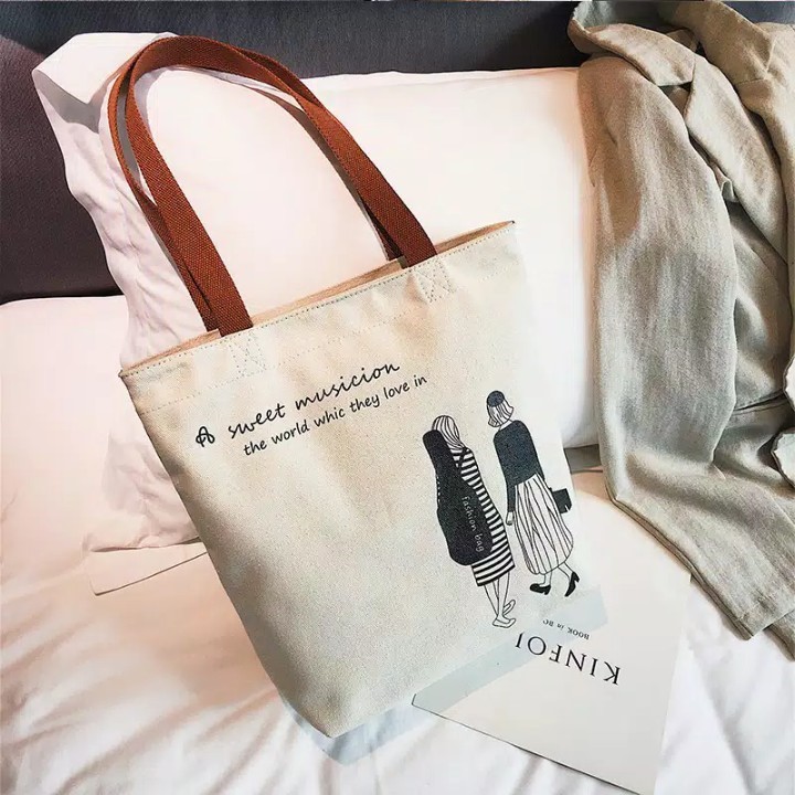 Twenty Bag - Tas Tote Bag Wanita Non Resleting Terbaru 2021 Aesthetic Kekinian Motif Carakter MUSISI Korea Style Multifungsi