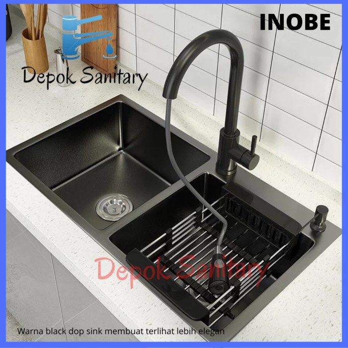 Paket Kitchen Sink Stainless 8245 Black Hitam Inobe By Onan Lengkap - Cuci Piring ( Peralatan Dan