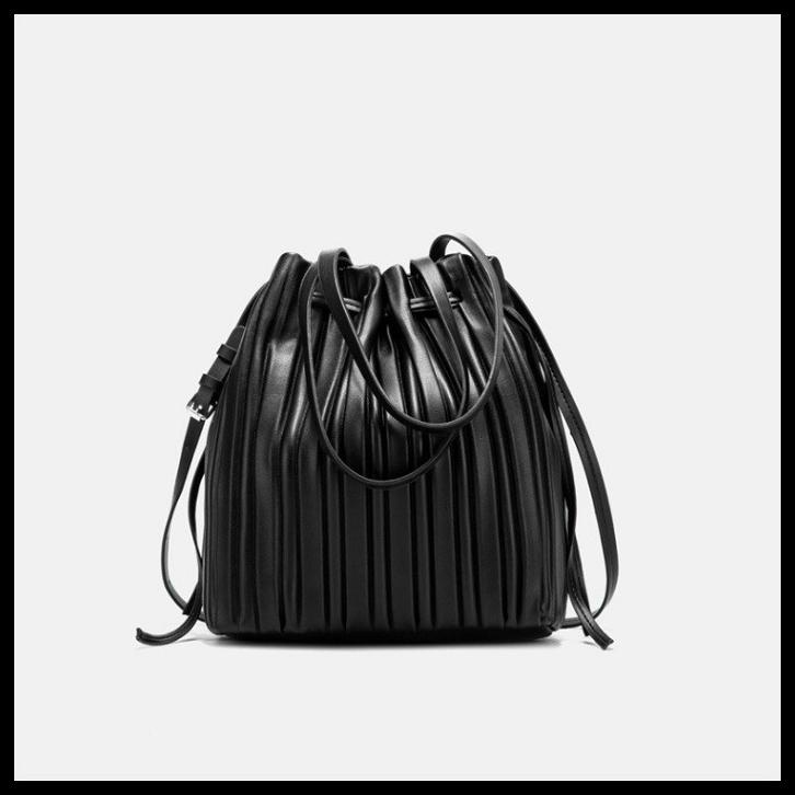 Sz66056 Tas Wanita Zara Pleated Mini Beam Diagonal Bucket Bag - Black