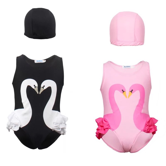 GA2436/37 SWAN SWIMSUIT BLACK/ PINK + topi / baju renang anak perempuan import lucu bagus murah