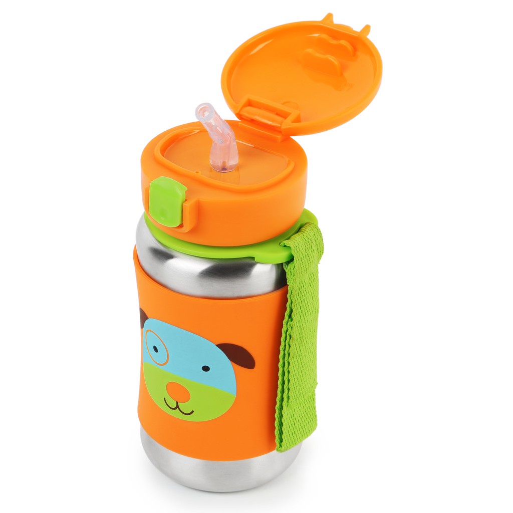SKIP HOP Zoo Stainless Straw Bottle  (3Y+) Dengan Strap / Botol Minum Anak Stainless Steel  / Anti Karat/ SKIPHOP ZOO / SKIP HOP ZOO SS BOTTLE / Botol Minum Sekolah anak / anti tumpah/ Botol minum stainless anak lucu karakter /Tahan Lama Panas dan Dingin