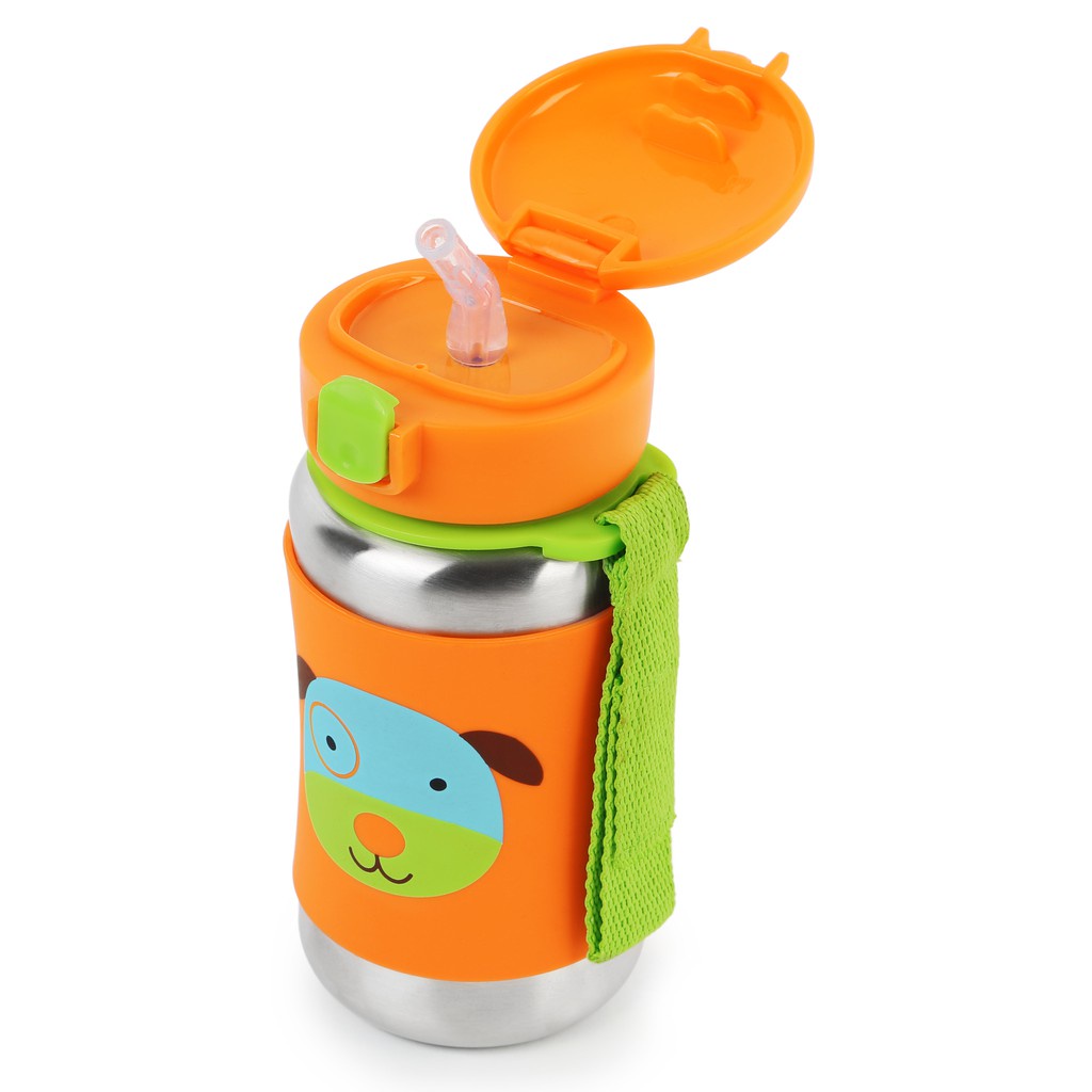 SKIP HOP Zoo Stainless Straw Bottle  (3Y+) Dengan Strap / Botol Minum Anak Stainless Steel  / Anti Karat/ SKIPHOP ZOO / SKIP HOP ZOO SS BOTTLE / Botol Minum Sekolah anak / anti tumpah/ Botol minum stainless anak lucu karakter /Tahan Lama Panas dan Dingin