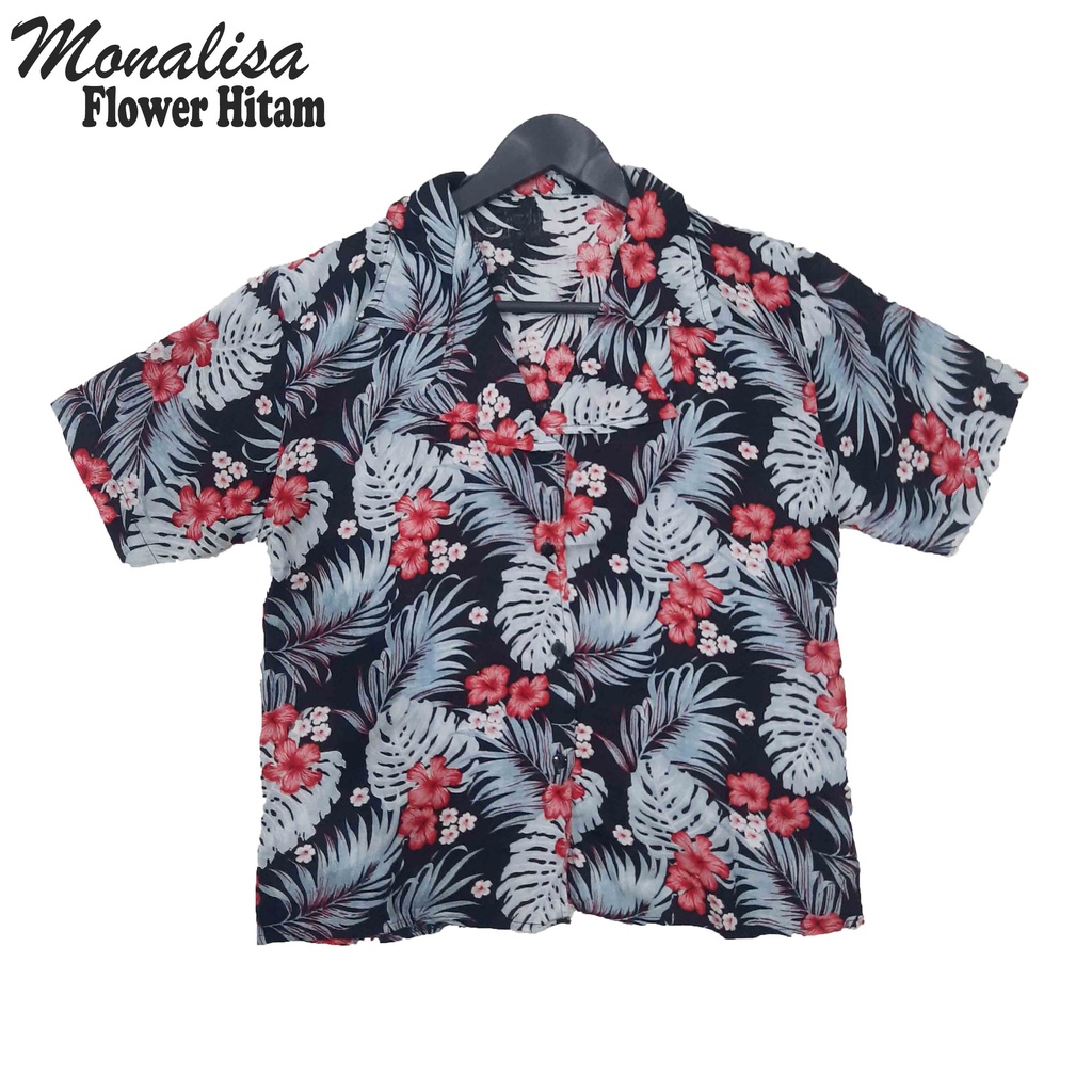 FORTGLASS MONALISA ASTER Baju Pantai Wanita Kemeja Hawai Bali Cewek Lengan Pendek Motif-FLOWER HITAM