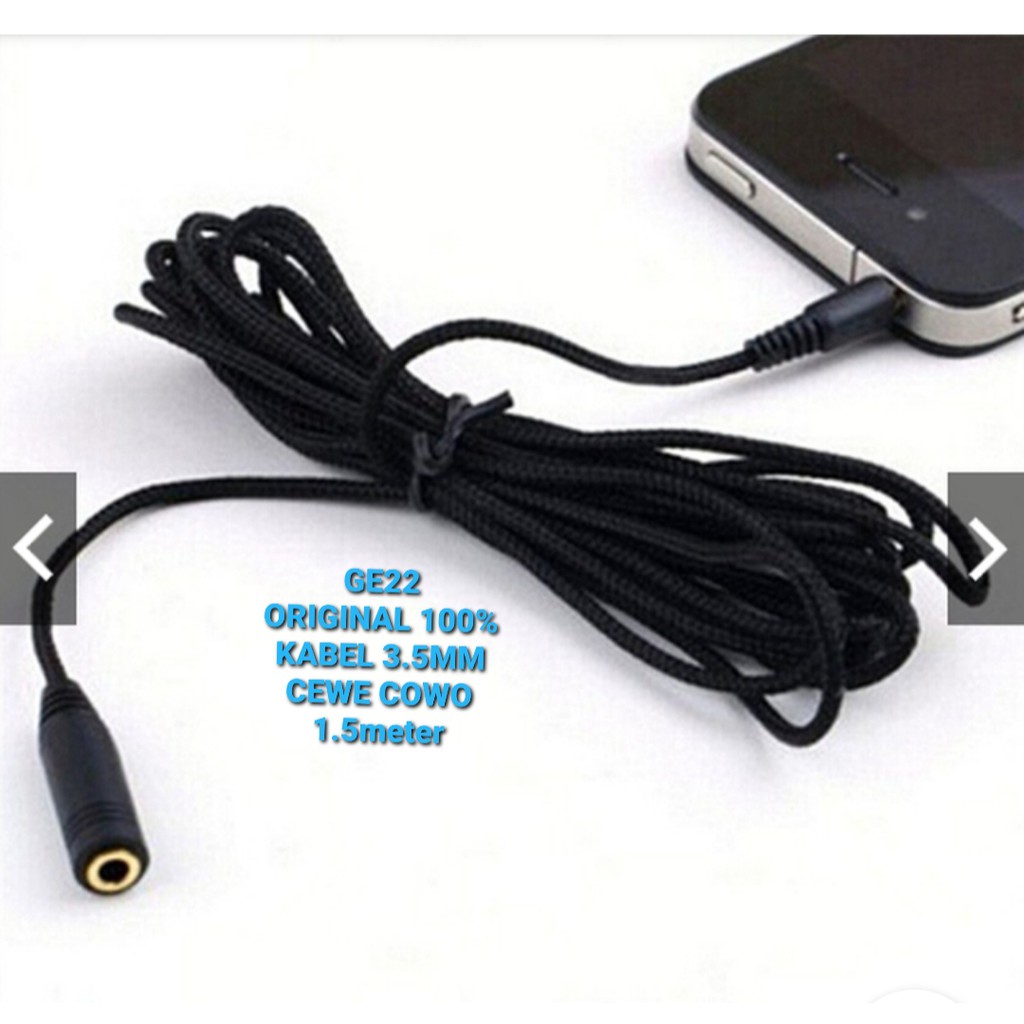 G22 original 100% Kabel Audio Extension 3.5mm 1.5meter cable sound system suara male female cewe cowo jack jek  Bisa di gunakan segala audio -Jack 3.5mm male to female -Panjang Kabel 1.5 METER -Jack &amp; Lobang Goldplate