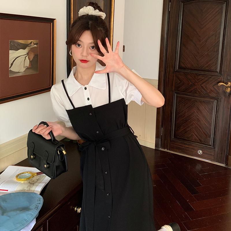 [littlecrab] Dress Oversize Kasual Fake 2 Set Fake Collar Berkualitas Dress Kemeja Berkerah Hitam Putih Dress Panjang Lengan Pendek Simple Elegan High Quality Dress Korean Style