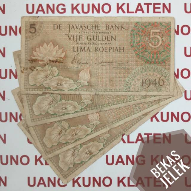5 Rupiah tahun 1946 seri Federal vijf Gulden de javasche bank uang kuno roepiah kertas jelek