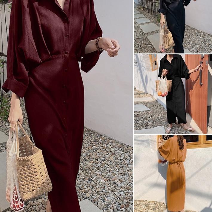 Terbaik ZANZEA Women Turn Down Buttons Belted Lace-up Casual Long Dress