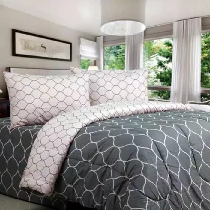 Bed Cover Set Seprei Motif Modern Minimalis Wave Abu Kombinasi Size Single Queen King l Bedcover Len