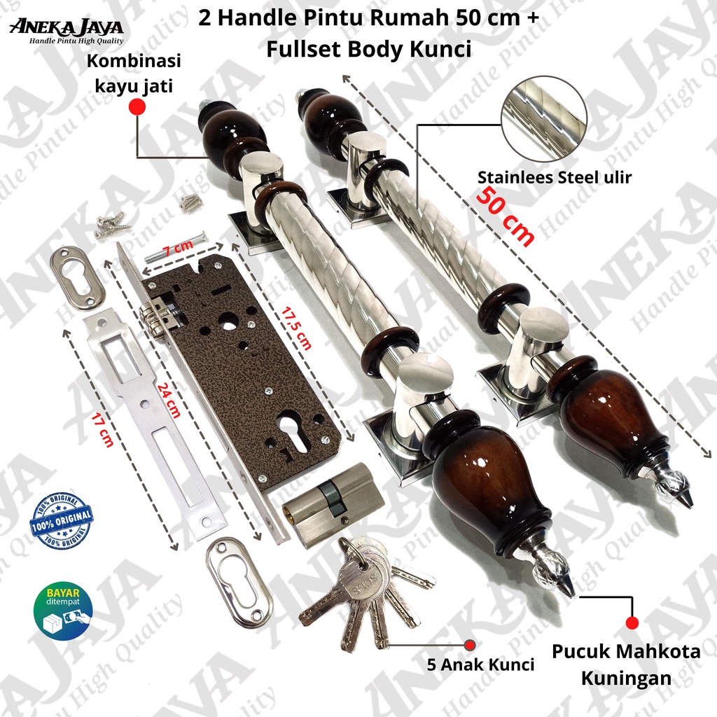 Satu Set kunci 2 Gagang pintu rumah 50 cm / Gagang pintu rumah / pegangan pintu set stainlees kayu