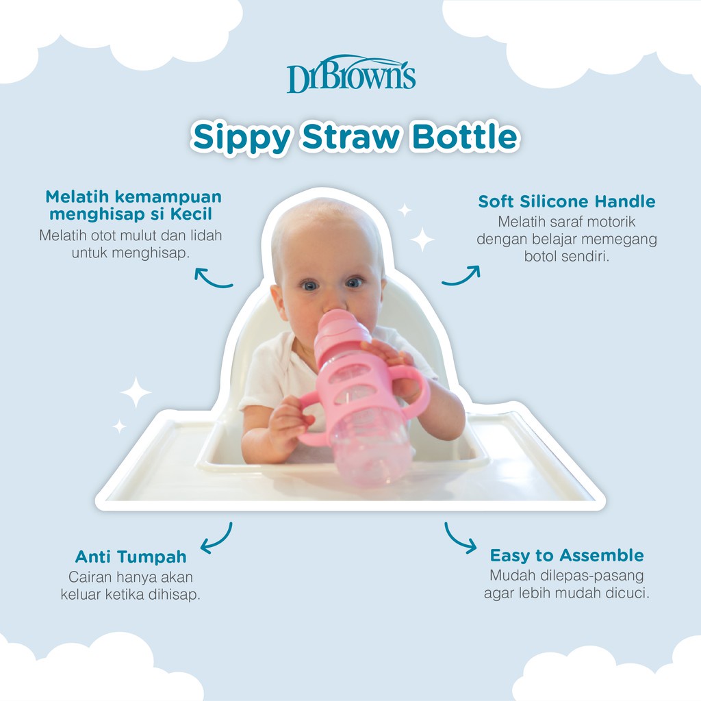 Dr. Brown's Sippy Straw Bottle with Silicone Handles Pink 8oz / 250ml Botol Minum Anak