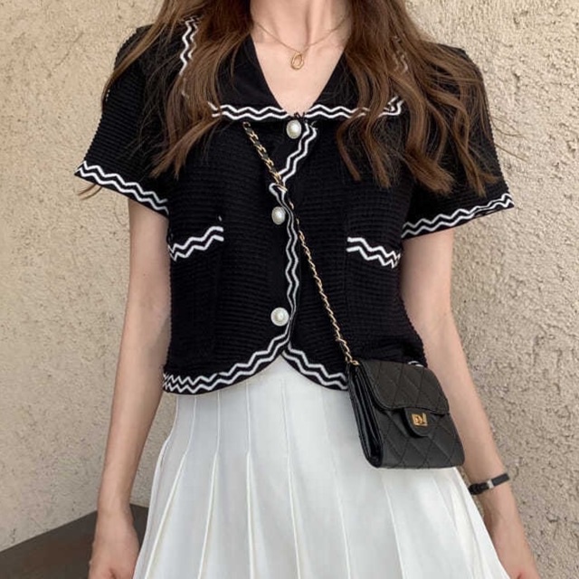 Wavy Knit Top Pocket Import | C367 | Atasan Crop Kerah Cardigan Rajut Impor Blouse Outer Korean style