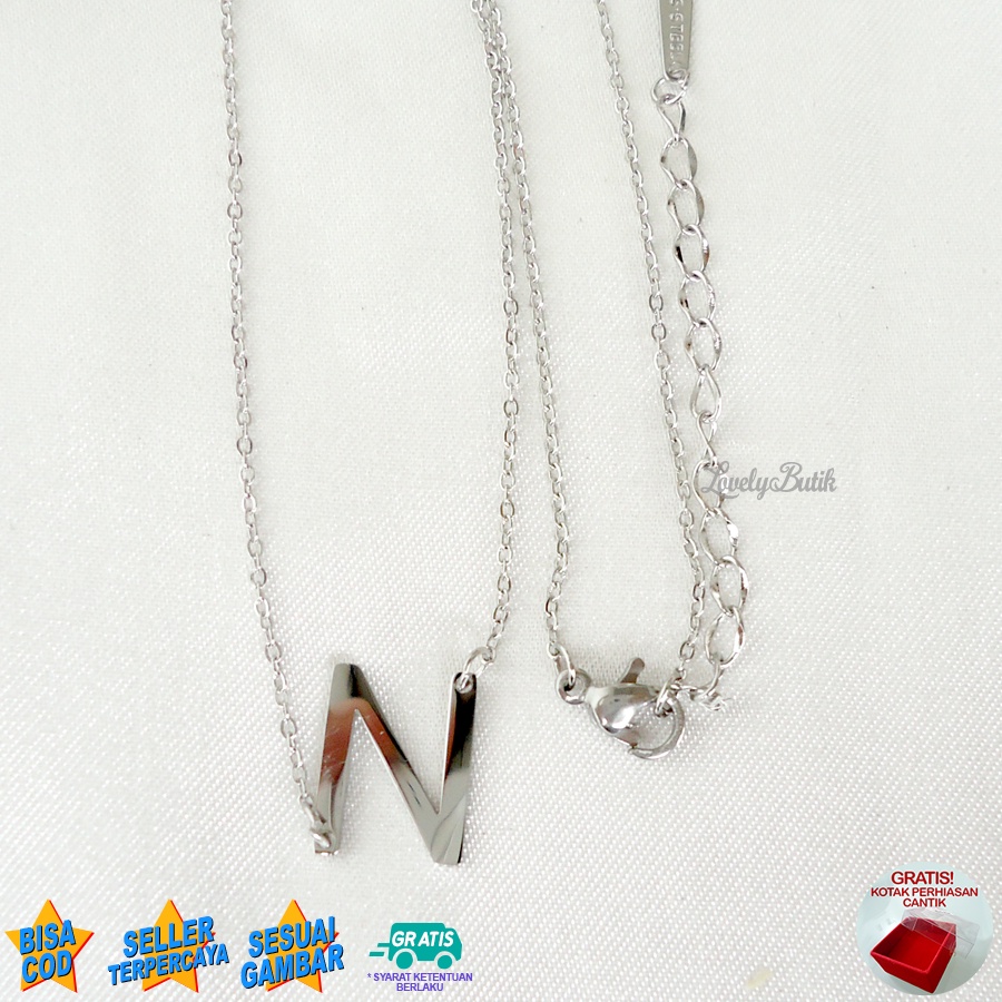 Lovelybutik Kalung Titanium Inisial Abjad L3tters Kalung Alfabet Huruf N,S Bahan Titanium Warna Silver Bonus Kotak Perhiasan