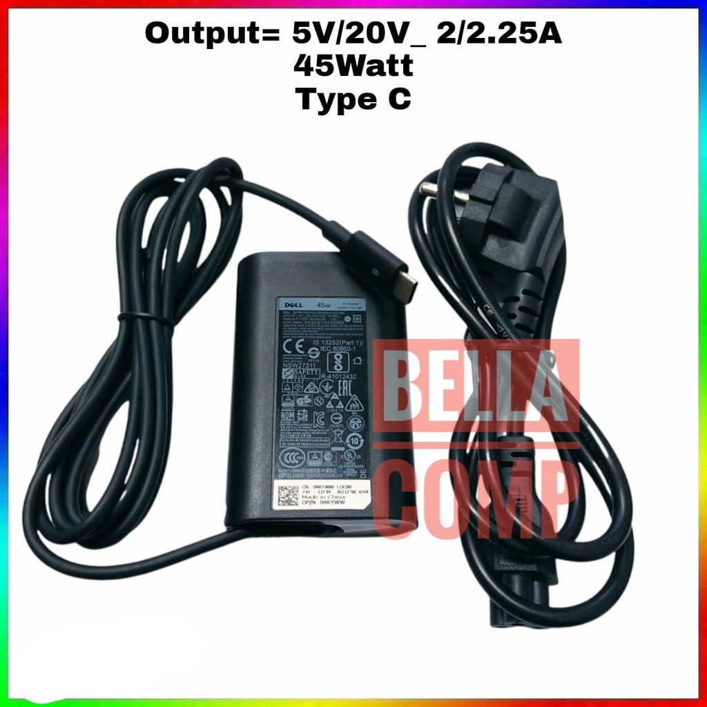 DELL TYPE C 45Wl ADAPTOR CHARGER CASAN LAPTOP DELL XPS 12 12D 13 L221x Ultrabook 9Q23 9Q33 321X 322X L321X L322X 3943 9333 9343 9370 9360 9350 9365 9380 20V 2.25A 45W TYPE C