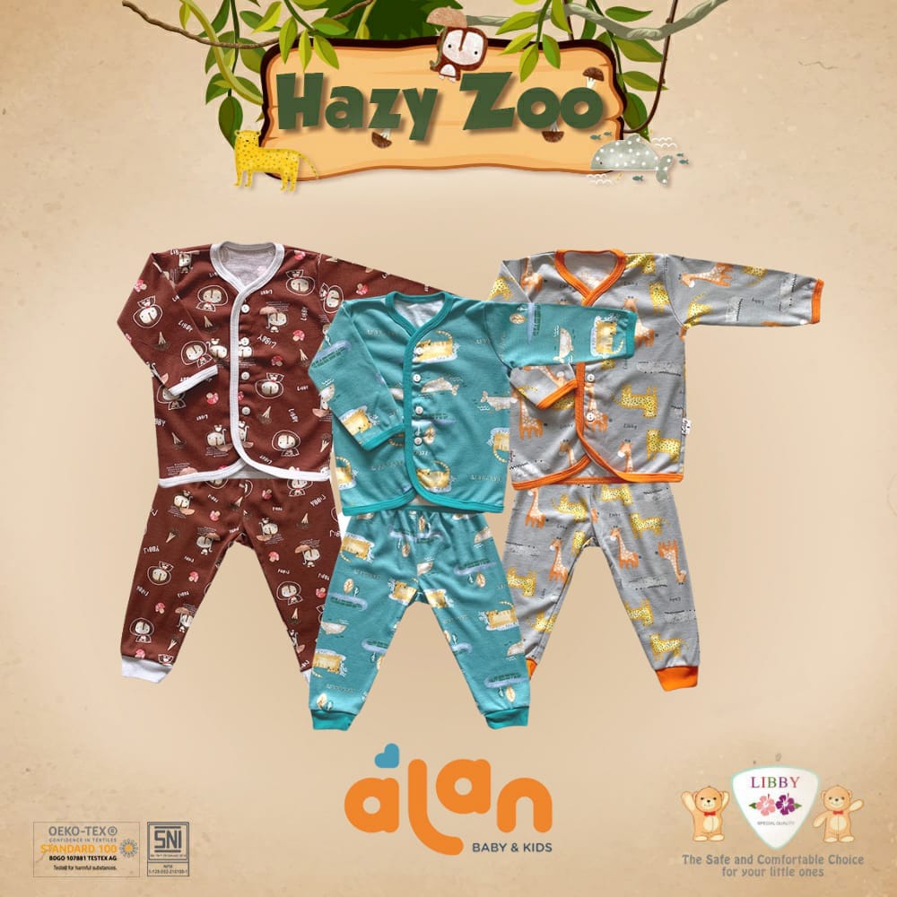 Libby Stelan Baju Panjang Kancing Depan &amp; Celana Panjang Hazy Zoo Series - Stelan Baju Bayi isi 3