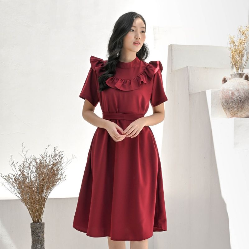 DRESS WANITA KAORIE AMALFI MERAH MAROON IMLEK NATAL LEBARAN KOREA MAVEN ABBEYTALE