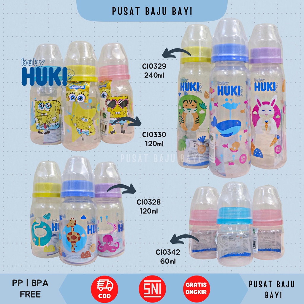 Baby Huki Botol Susu PP SP Round 60 ML 120 ML 240 ML Dot Gepeng Nipple Silicone Orthodontic