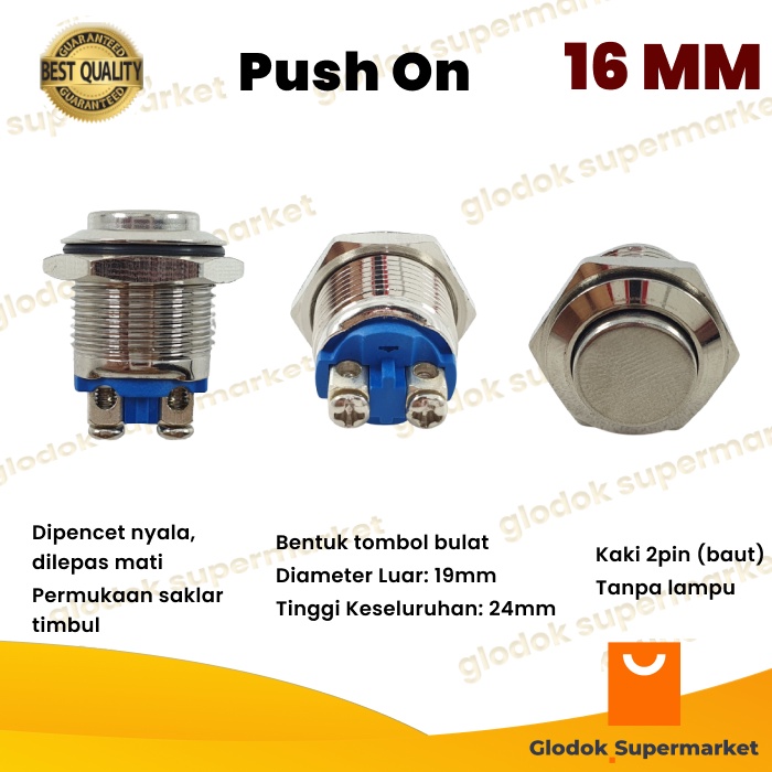 Switch Metal 16mm Push On 2 Pin Tombol Stainless 16 mm Saklar Momentary