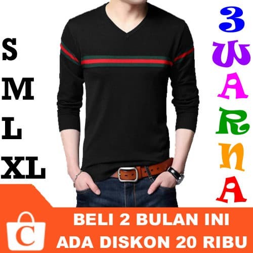 KAOS PRIA LEHER V NECK PANJANG POLOS DADA GARIS HITAM MERAH HIJAU DISKON