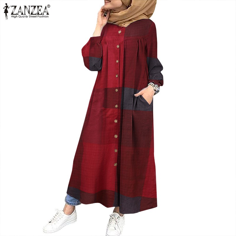 ZANZEA Women Muslim Long Sleeve Plaid Printed Casual Long Dress