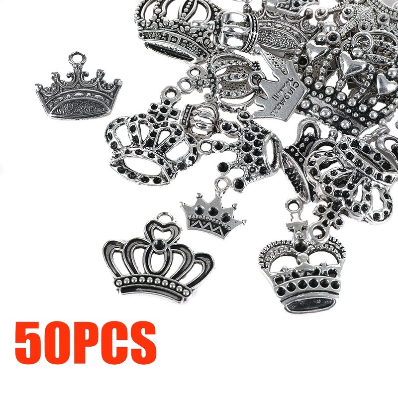 50PCS Mixed Tibetan Silver Crown Pendants For Necklace Jewelry Making