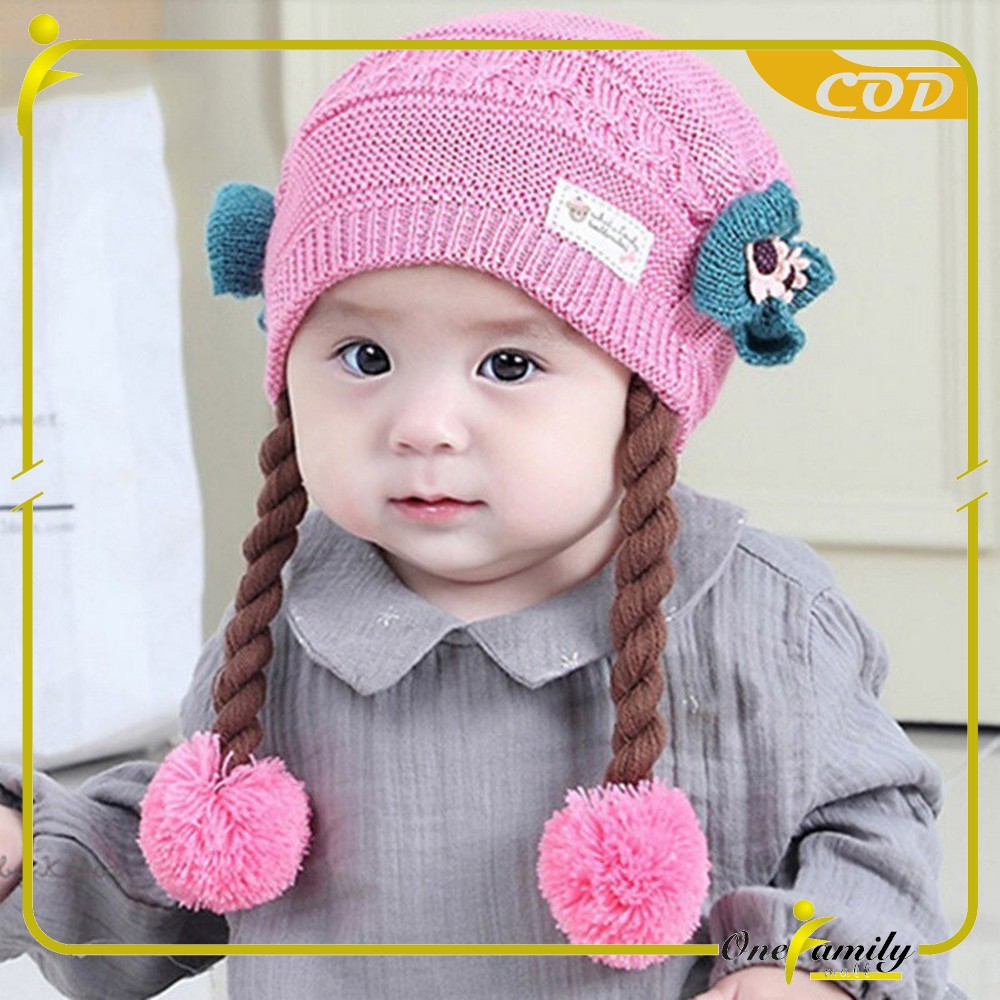ONE-P19-21 Topi Anak Perempuan Rambut Kepang / Topi Bayi Kupluk Rajut Imut Lucu / Baby Hat Wig Impor-2
