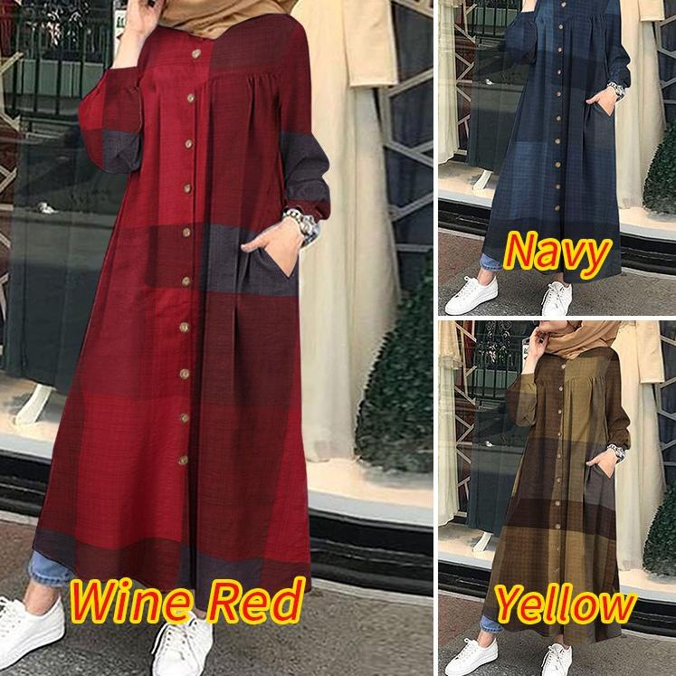 BJS.867509 ‣ ZANZEA Women Muslim Long Sleeve Plaid Printed Casual Long Dress