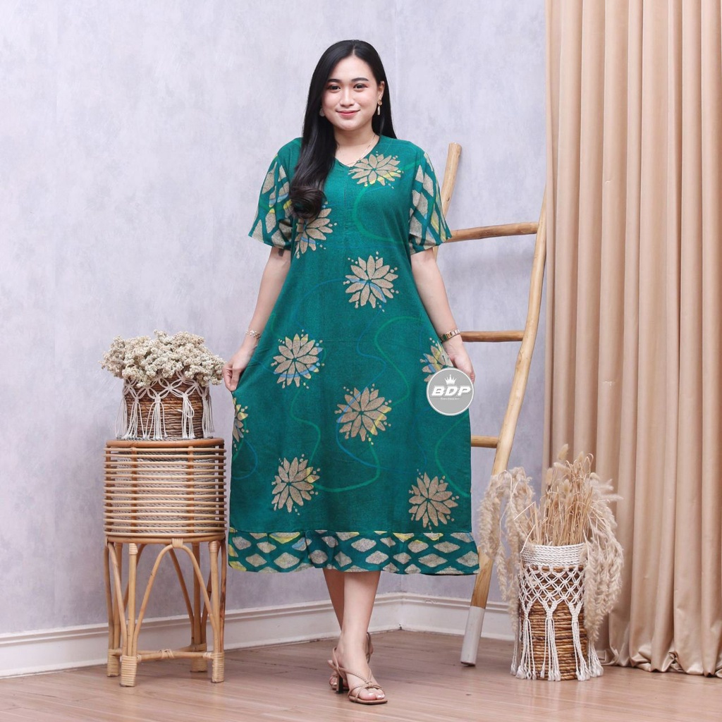 Dianputri - Daster Maura Batik Cap Rayon Grade A Motif Terbaru Busui Resleting Depan - Baju Tidur Daster Kekinian-adiba hijau