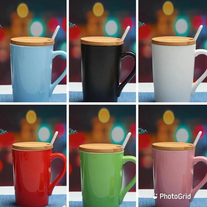 Hemat Mug Keramik Polos Plus Tutup Dan Sendok/Cangkir Dan Gelas Minum Polos - Hitam Trendi