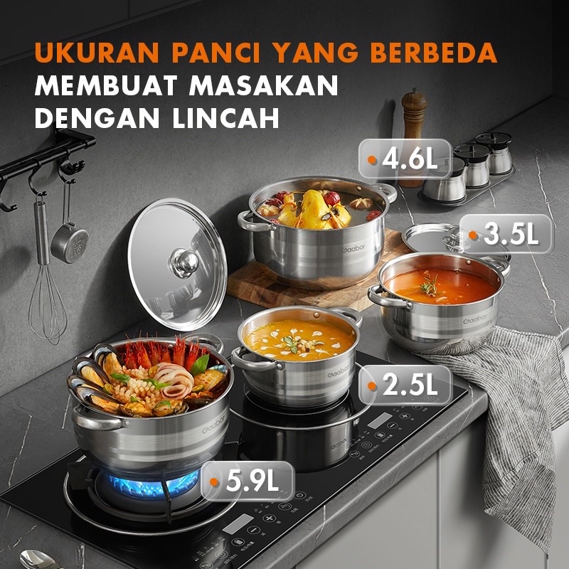 Gaabor Panci Sop Set 4 Ukuran Stainless Steel Tutup Kaca Food Grade / GS-S0246A