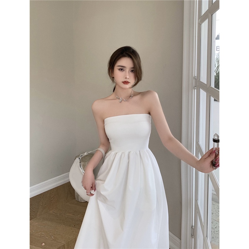 French white tube top dress wanita gaya barat pinggang lipit rok mid-length