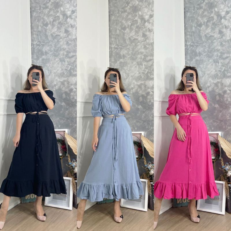 DRESS 2 PIECE ATASAN BAWAHAN 2 IN 1 SET KERUT RUFFLE ADA KARET BISA MELAR ALL SIZE FIT S TO XL LD 88-112 NGARET BAWAHAN ROK BUTTON APLIKASI KANCING BAHAN KATUN LINEN TEBAL TIDAK MENERAWANG