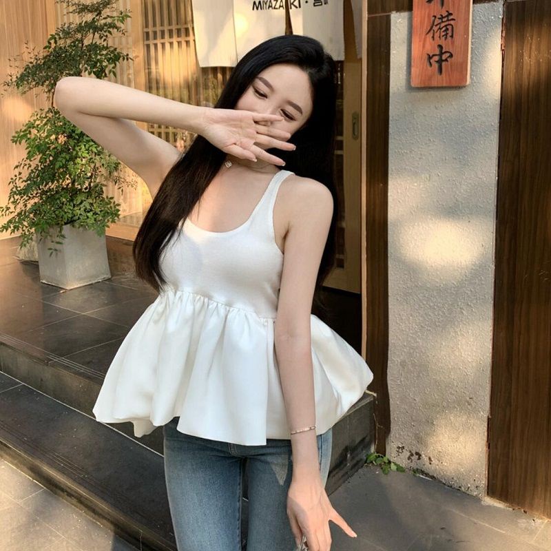 Red wanita white suspender design sense niche sweet and spicy wind top pakaian luar wanita musim panas tanpa lengan pinggang ruffled rompi belakang yang indah