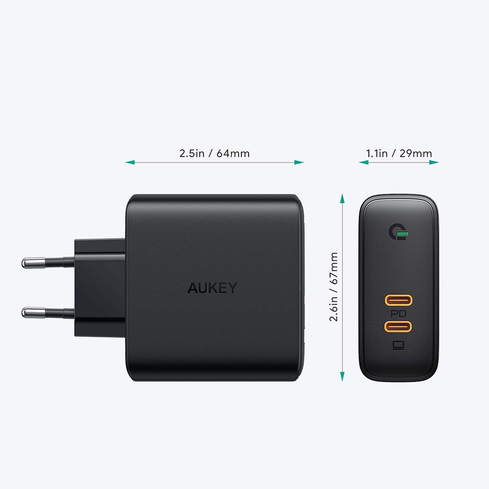 Aukey PA-D5 Charger Dinding Dual USB Tipe C PD 63W Plug EU Untuk Macbook / Handphone