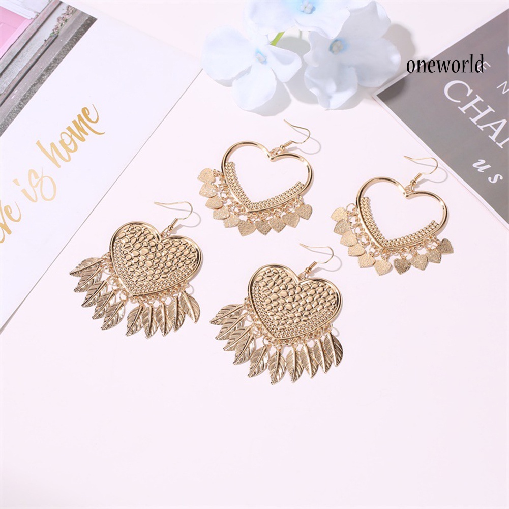 OW# Ethnic Women Heart Rhombus Geometric Dangle Tassel Hook Earrings Jewelry Gift