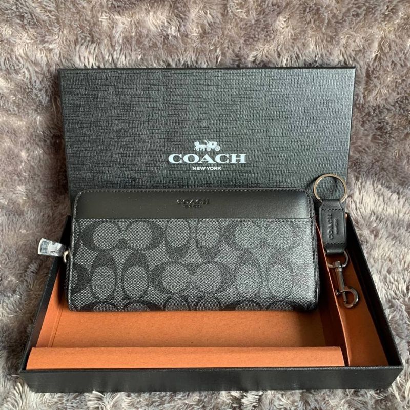 Coach Long Wallet Zipper Black Signature