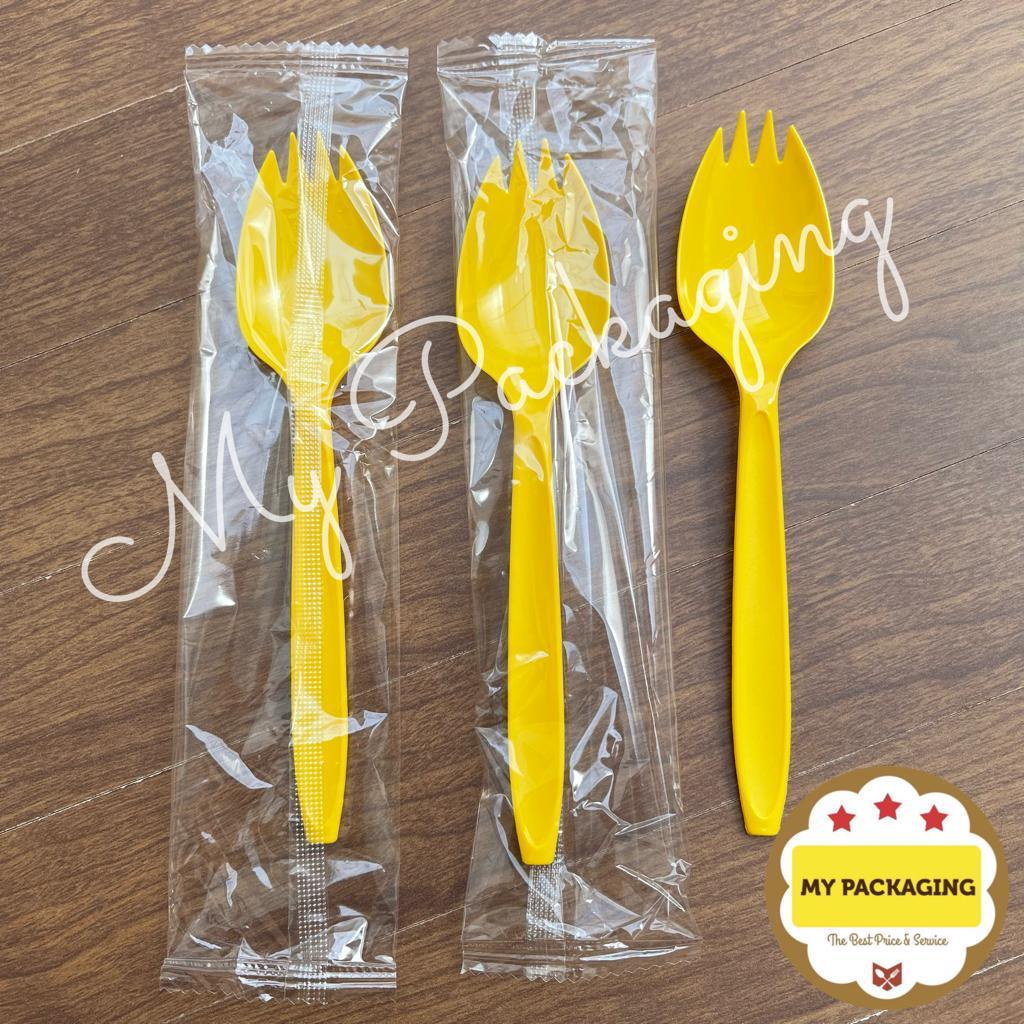 Sendok Plastik PREMIUM Ujung Garpu 100pcs - SPOON FORK SPORK WRAPPING Sudah Dibungkus PLASTIK satuan - Bagus Kuat Halus tidak kasar