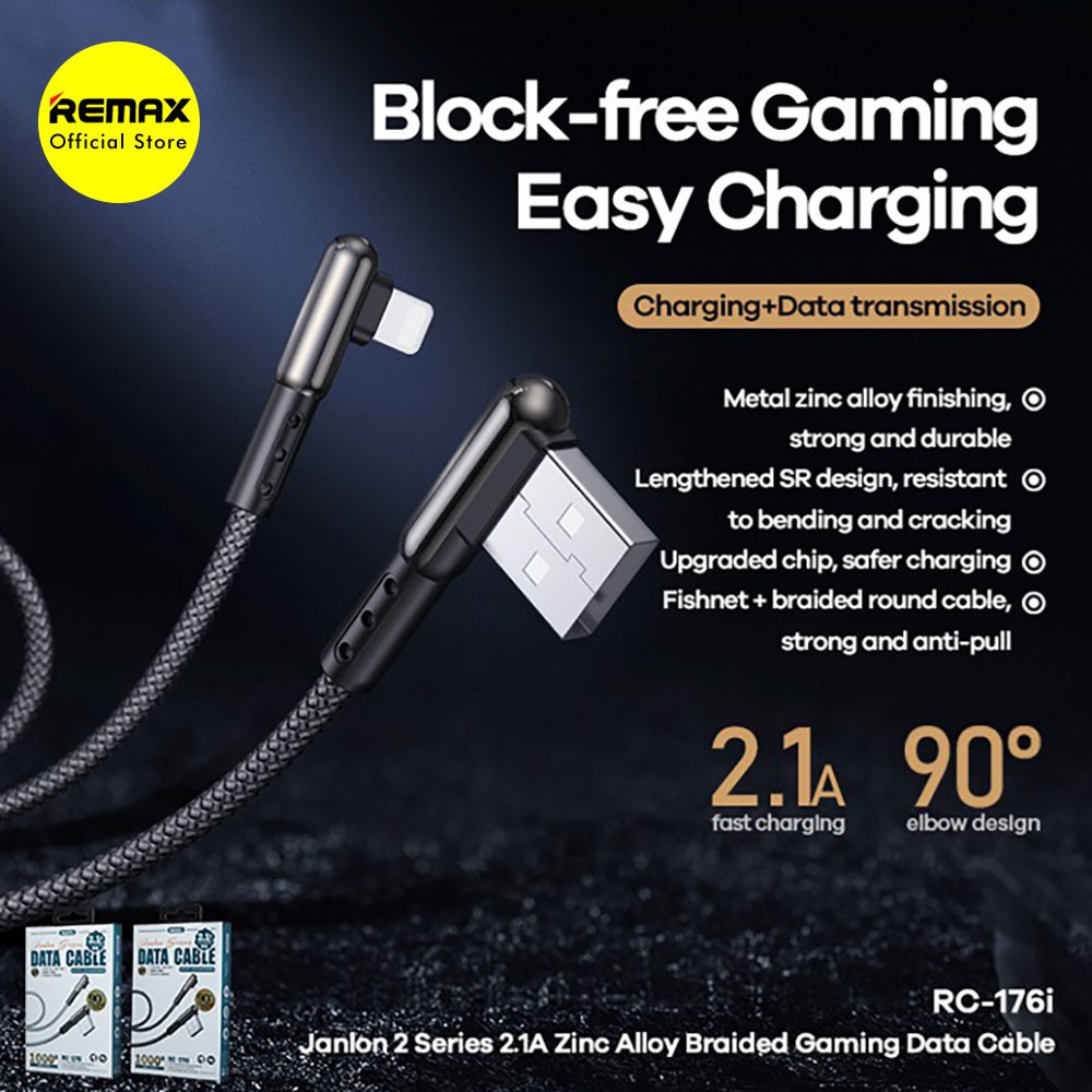 Remax Janlon2 Braided 2.1A Lightning USB Kabel Data Fast Charging RC-176I 1 Meter Cas Multi Proteksi