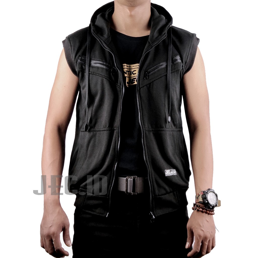 JEC Rompi Hoodie Pocket Zipper Hitam Sporty Full Premium | Tanpa Lengan