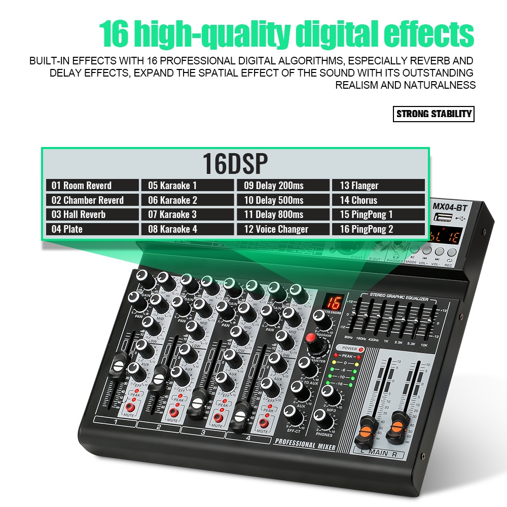 [Asli]  MX04BT mixer profesional 4-channel built-in EQ 16DSP Bluetooth/USB/PC/MP3 playback mode EQ/alat perekam built-in peralatan pencampuran peralatan live DJ