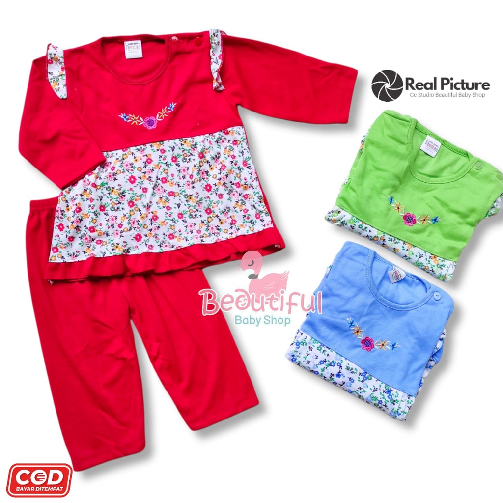 Baby.ou - Setelan Baju Bayi Perempuan Tangan Panjang Celana Panjang Motif Bunga Rantai / Setelan Piyama Bayi Perempuan 3-12 Bulan / Baju Bayi Perempuan Fauzan