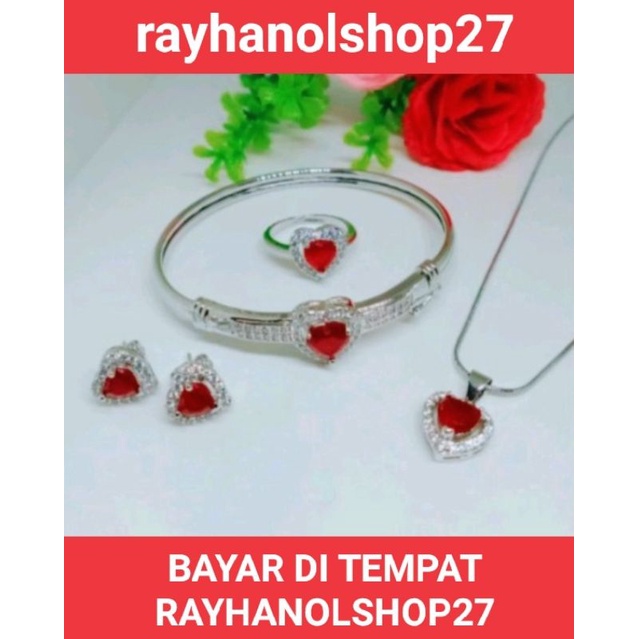 SET Perhiasan titanium wanita motif batu permata Giok merah delima tersedia warna gold dan silver fashion wanita motif pilihan