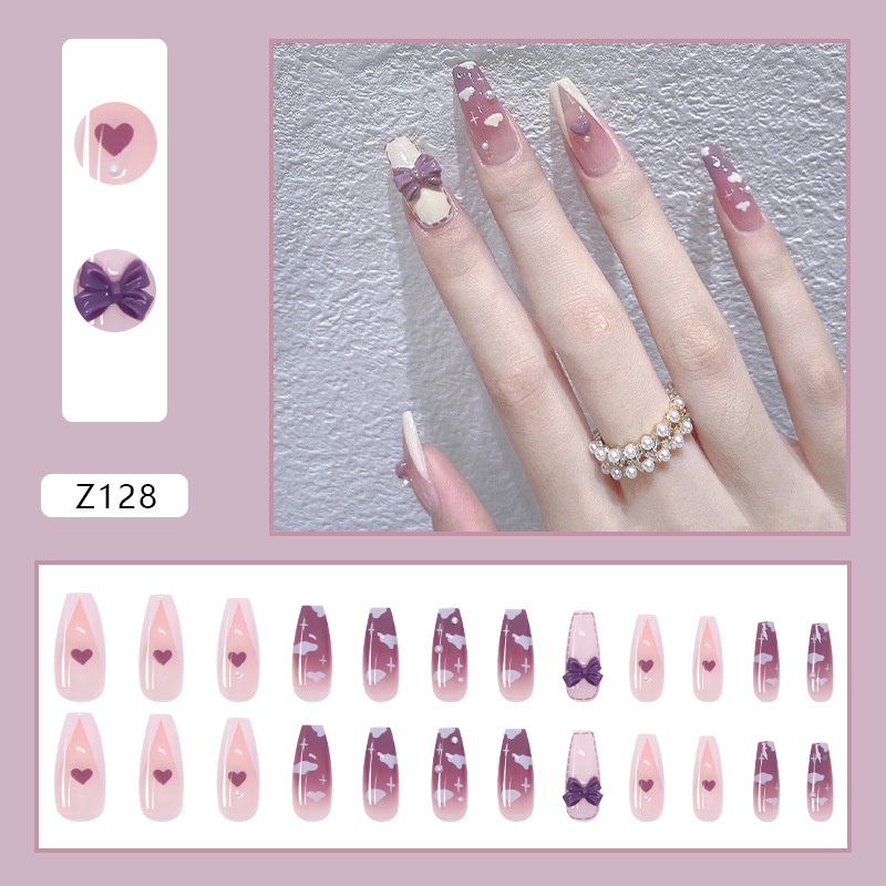 24pcs / Kotak Kuku Palsu Full Cover Aksen Berlian Imitasi Untuk Nail Art Z066-350