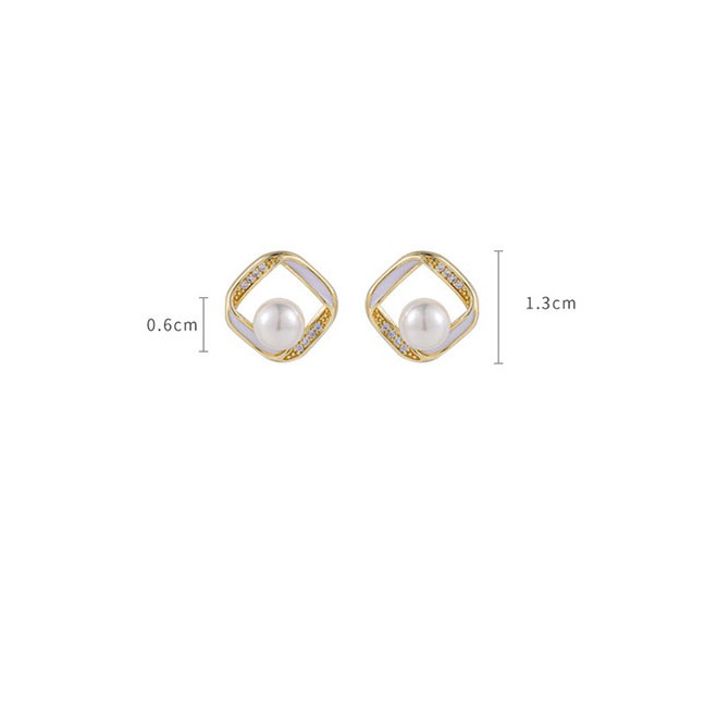 LRC Anting Tusuk Fashion Copper + Rhinestone Pearl Square Geometric Earrings K96917