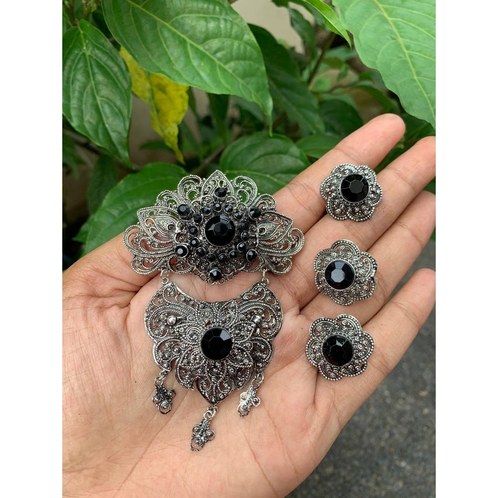 bros alpaka bali set kebaya motif t2 kipas perak bakar