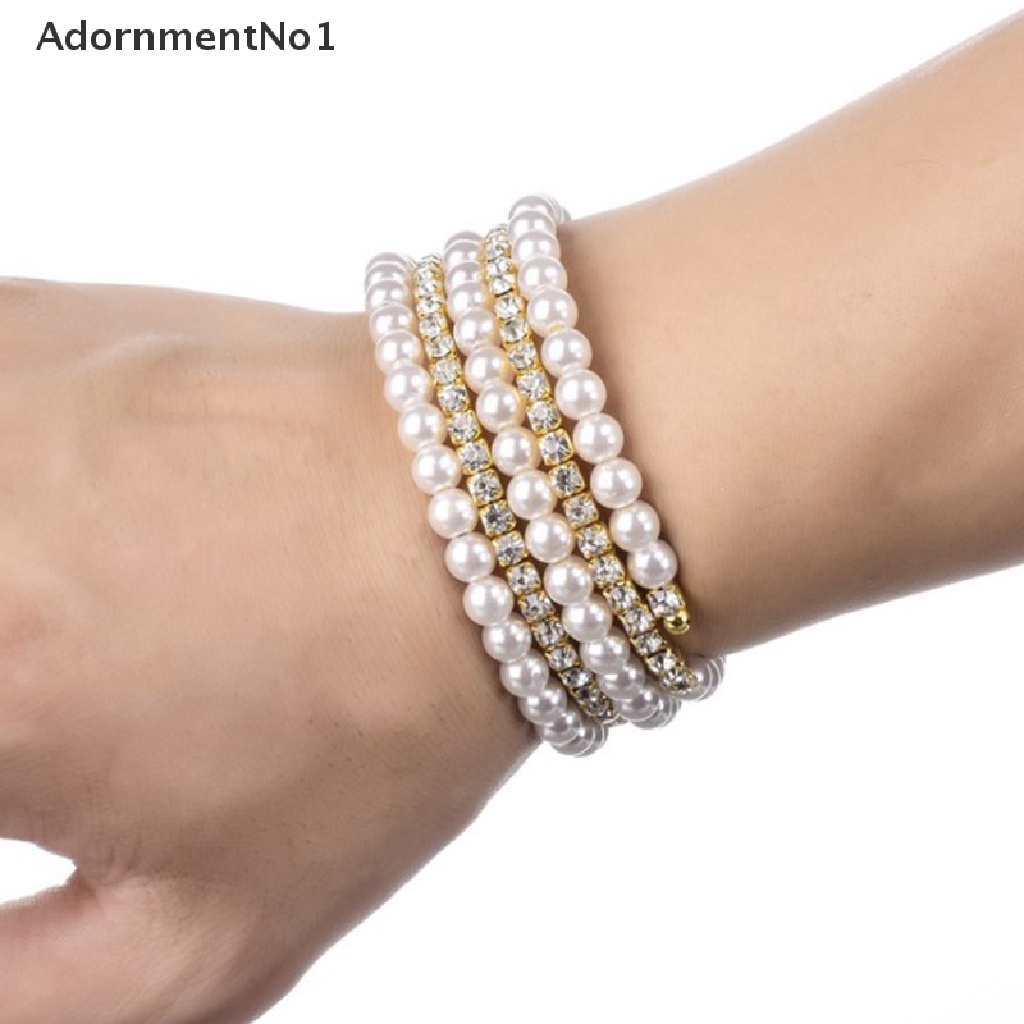 (AdornmentNo1) Gelang Tangan Multilayer Adjust Aksen Mutiara + Berlian Imitasi Untuk Perhiasan Wanita