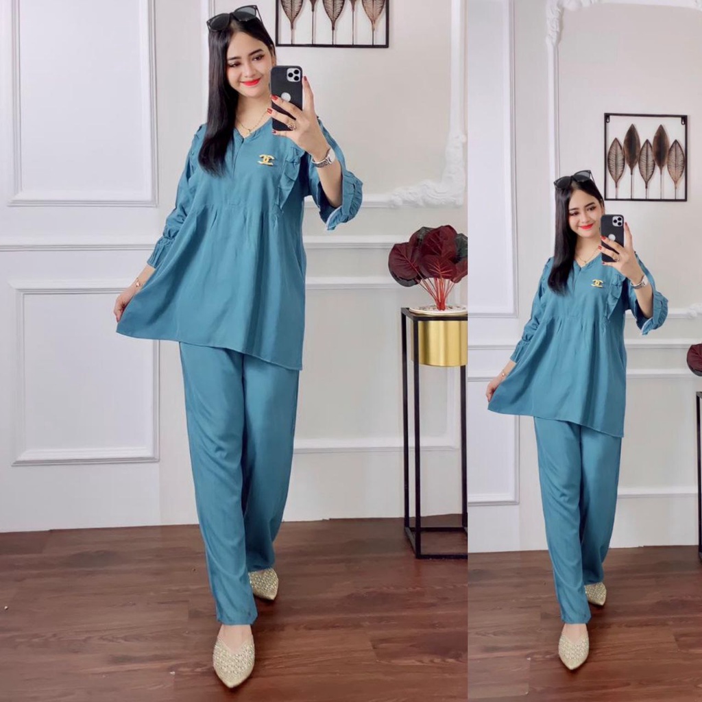 One Set Tunic Andin Ruflle || Resleting Depan Busui Frendy || Baju Wanita || Rayon Super-5